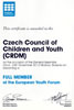 ČRDM plným členem Evropského fóra mládeže – certifikát